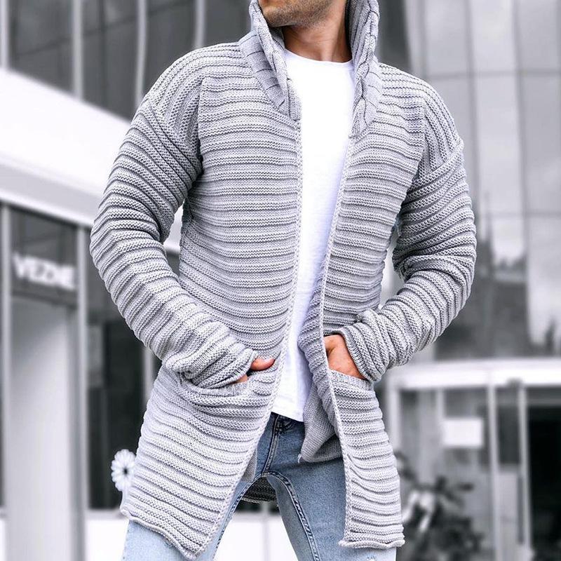 Mens Solid Stand Collar Mid-length Knit Cardigan 90370724Z