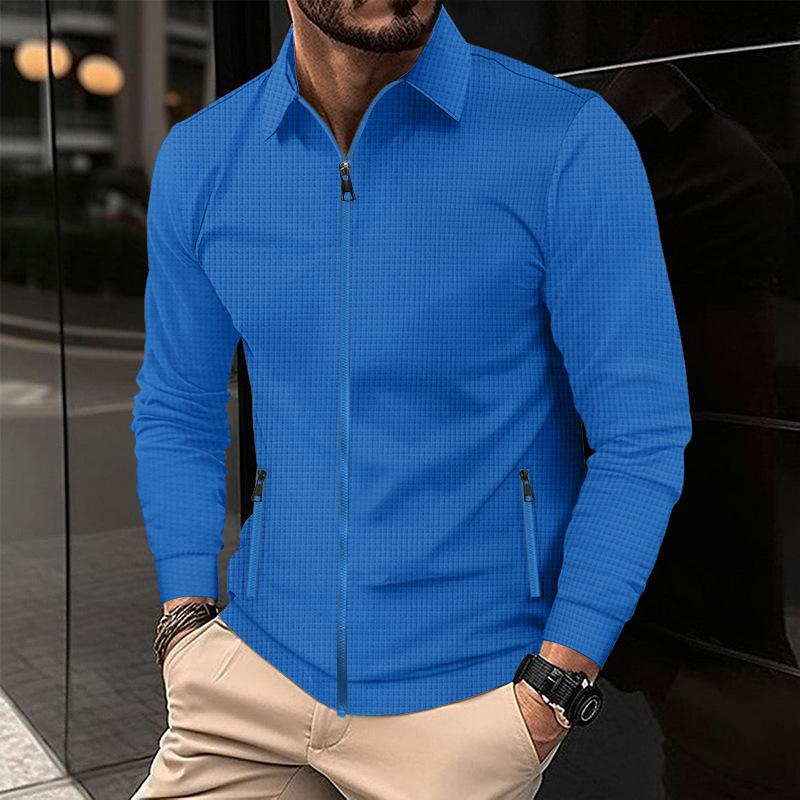Mens Solid Waffle Lapel Long Sleeve Zipper Jacket 75285977Z