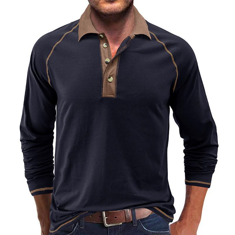 Mens Casual Color Contrasting Lapel Long Sleeve Polo Shirt 04563249M