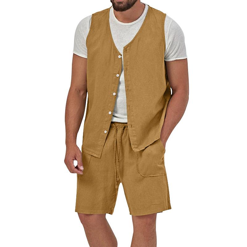 Mens Casual Loose Solid Color Sleeveless Vest Shorts Set 61445702X