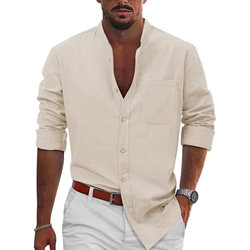 Mens Casual Solid Color Stand Collar Slim Cotton Linen Long Sleeve Shirt 71104955M