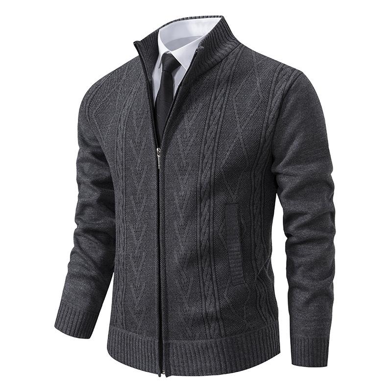 Mens Stand Collar Jacquard Thickened Casual Knitted Jacket 58330673X