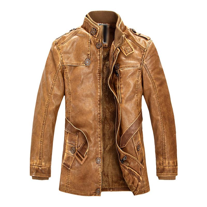 Mens Vintage Washed Stand-Collar Fleece Lining Mid-Length Motorcycle Leather Coat 94824117M