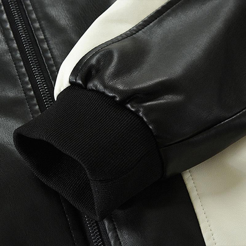 Mens Stylish Colorblock Pathcwork Lapel Leather Motorcycle Jacket 84370903M