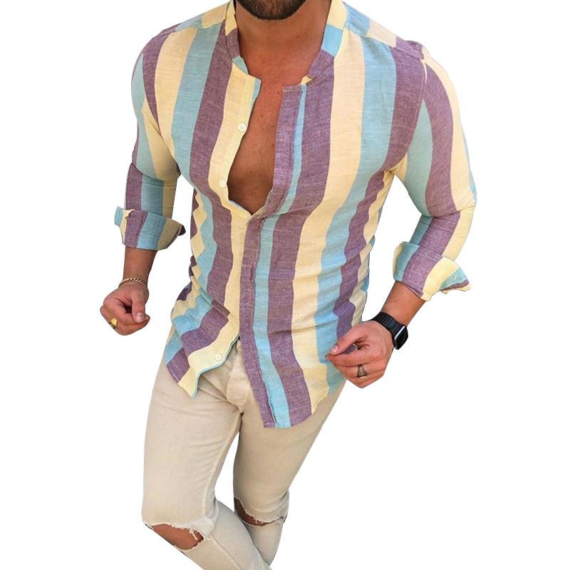 Mens Color Striped Buttons Long -sleeved Shirt 57442743X