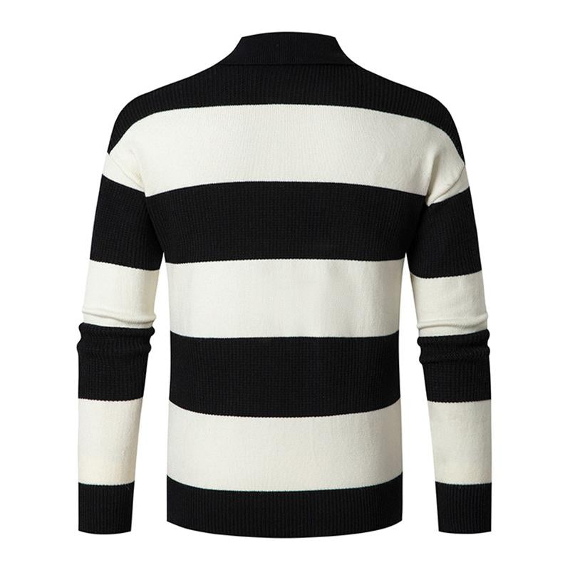 Mens Casual Contrast Color Striped Polo Collar Long Sleeve Loose Sweater 13307346M