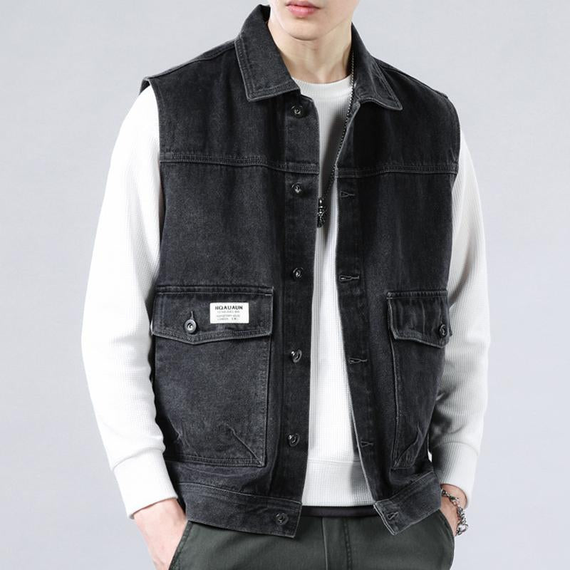 Mens Casual Loose Pocket Sleeveless Denim Vest 70511748Y