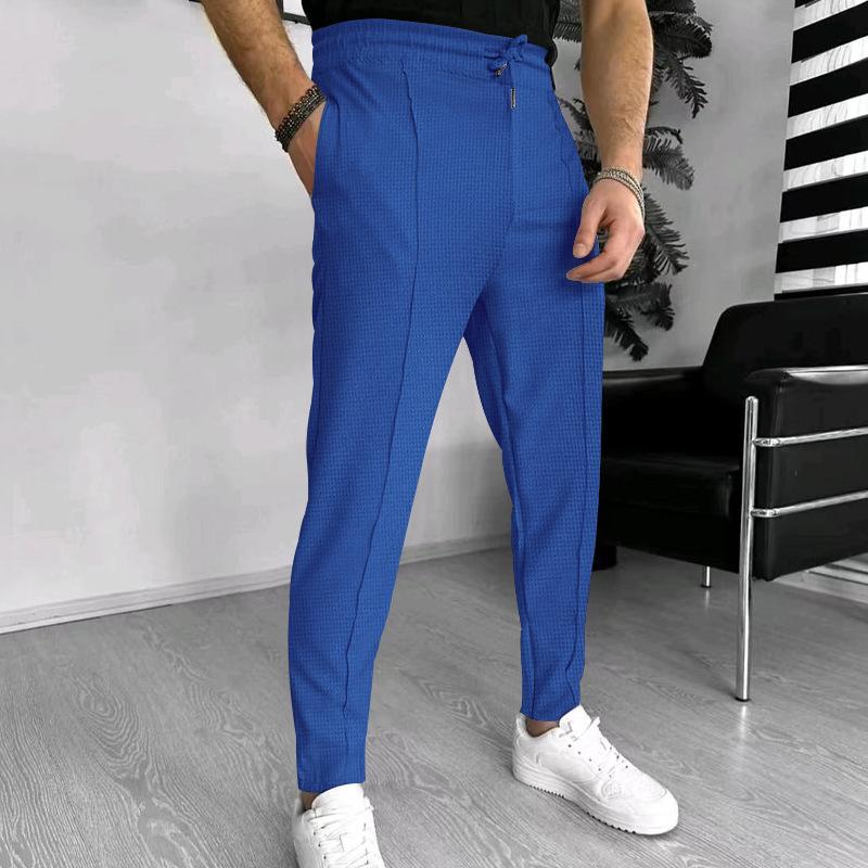 Mens Solid Waffle Elastic Waist Slim Casual Trousers 33746822Z