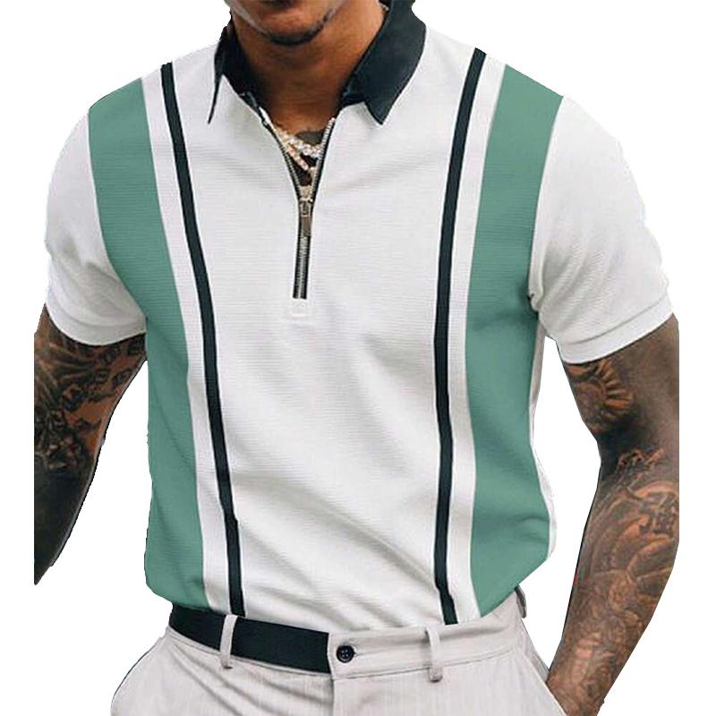 Mens Striped Print Stitching Short-sleeved Lapel Zip POLO Shirt 55227832X