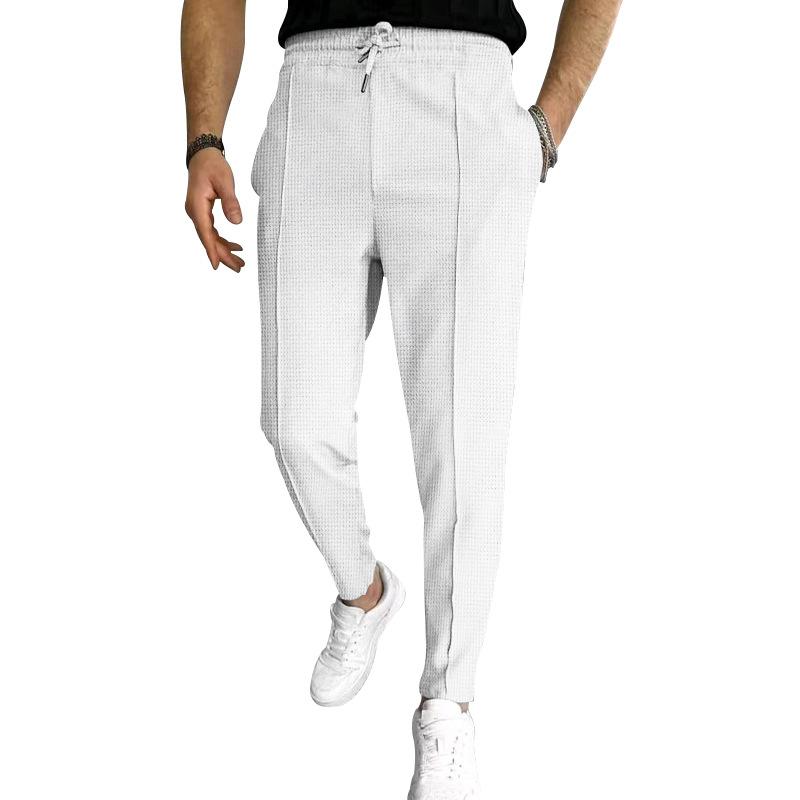 Mens Solid Waffle Elastic Waist Slim Casual Trousers 33746822Z