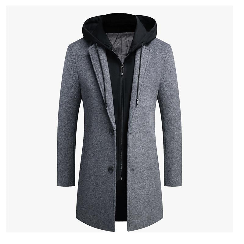 Mens Vintage Wool Blended Mid-Length Removable Hood Single-Breasted Coat 43596933M