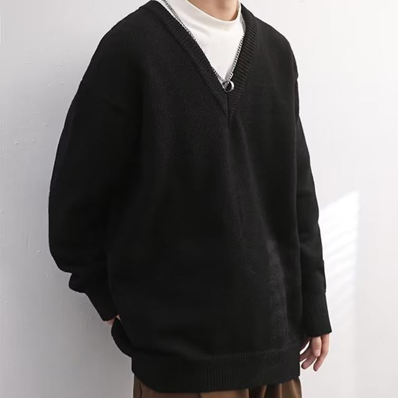 Mens Casual Solid Color V-Neck Loose Pullover Knitted Sweater 91393356M
