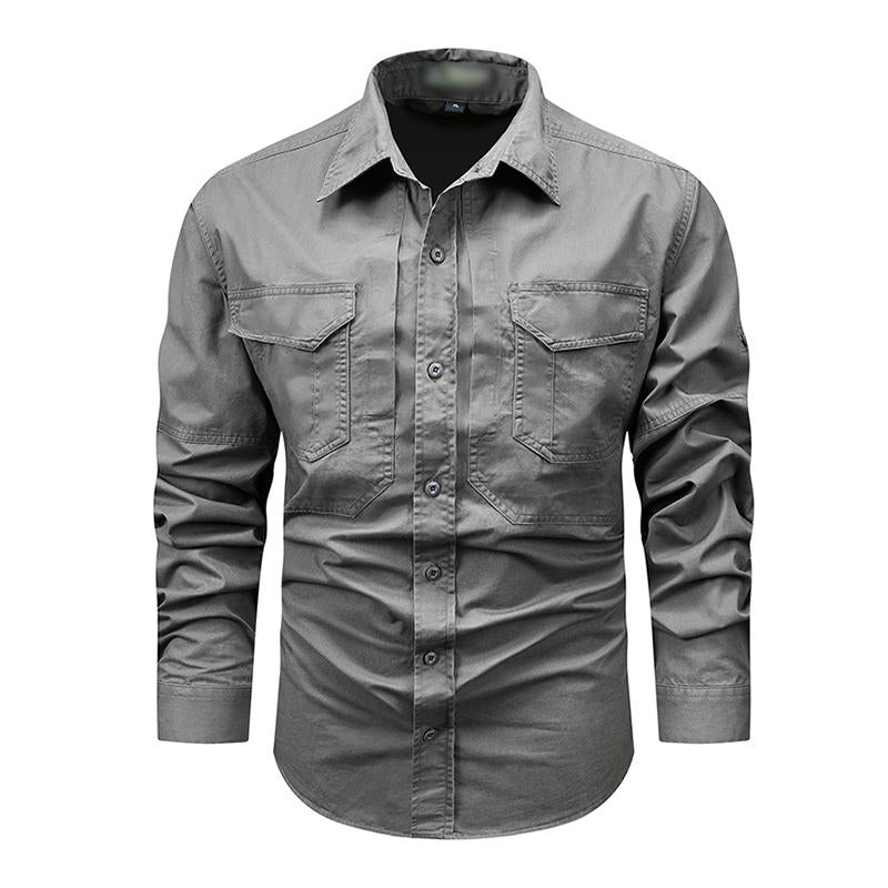 Mens Casual Washed Lapel Multi-pocket Loose Cargo Shirt 10090206M