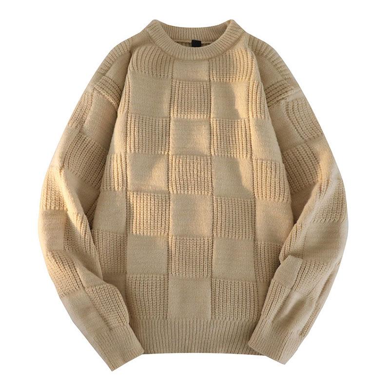 Mens Casual Solid Color Round Neck Plaid Texture Knitted Pullover Sweater 53899454M