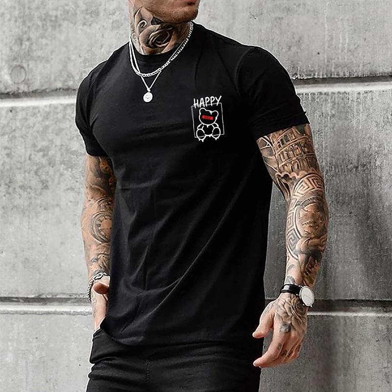 Mens Fashion Happy Bear Print Round Neck Short Sleeve T-shirt 39929650Z