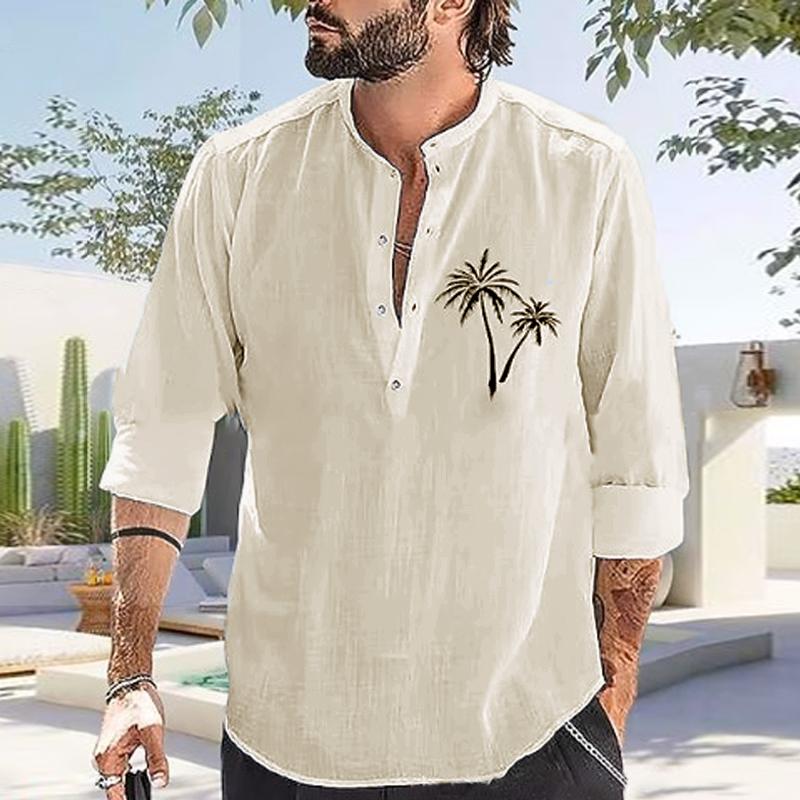 Mens Casual Coconut Print Stand Collar Cotton Linen Long Sleeve Shirt 56820050Y
