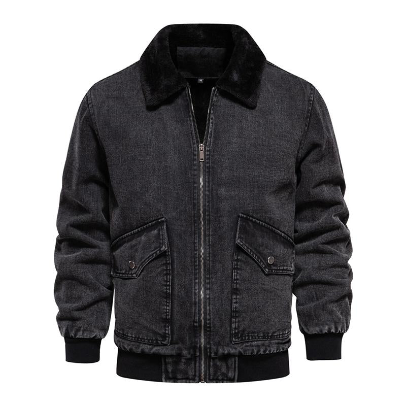 Mens Vintage Fleece Warm Lapel Single Breasted Denim Jacket 56398504M