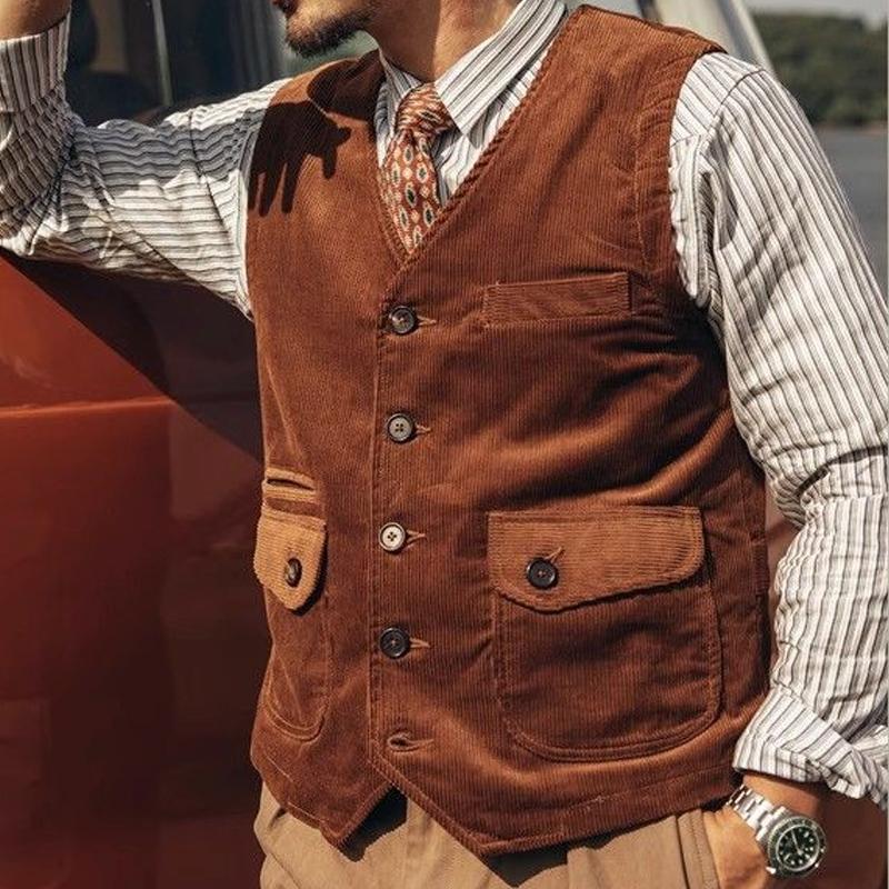 Mens Vintage Corduroy Multi-Pocket Vest 25664460Y