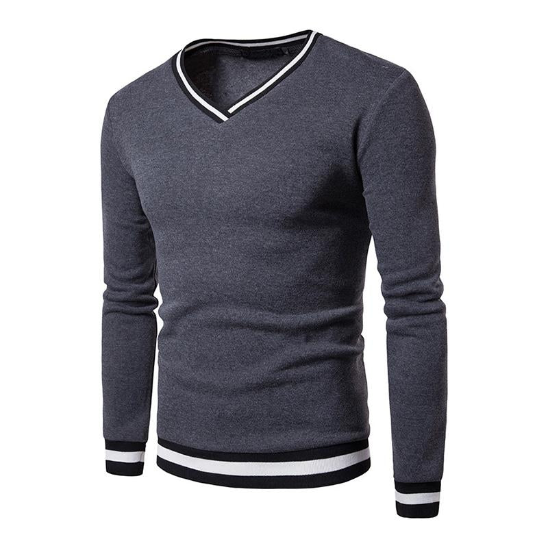 Mens Casual V-Neck Color Block Long-Sleeved T-Shirt 41212577M