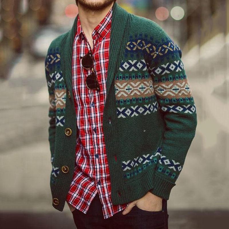 Mens Vintage Jacquard Lapel Knit Long Sleeve Cardigan 99529334Y