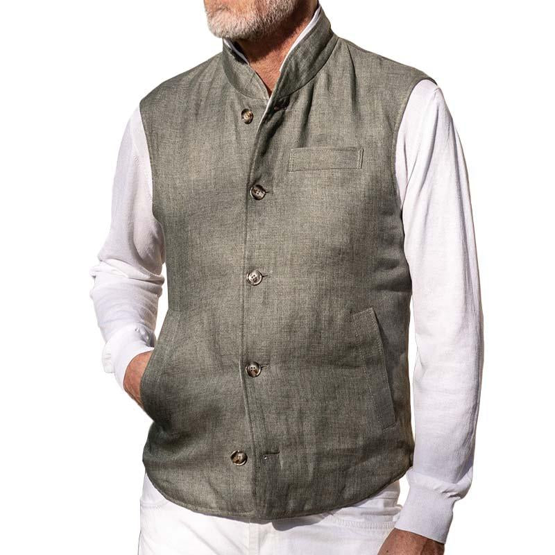 Mens Casual Stand Collar Multi-Pocket Linen Single Breasted Vest 71856913M