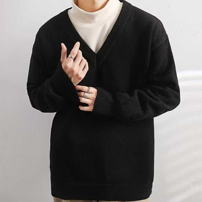 Mens Casual Solid Color V-Neck Loose Pullover Knitted Sweater 91393356M