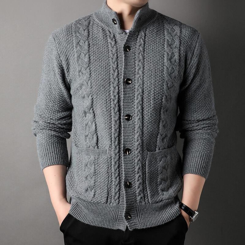 Mens Casual Solid Color Stand Collar Single Breasted Loose Knit Cardigan 97126478M