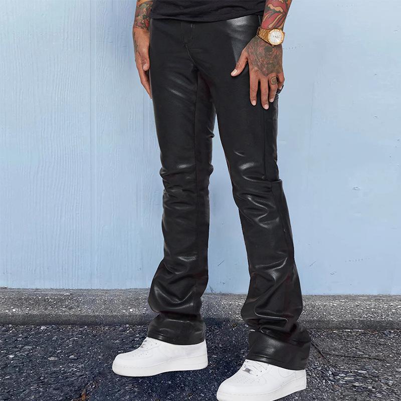 Mens Vintage Solid Color Mid-Rise Loose Thin Leather Pants 74802851M