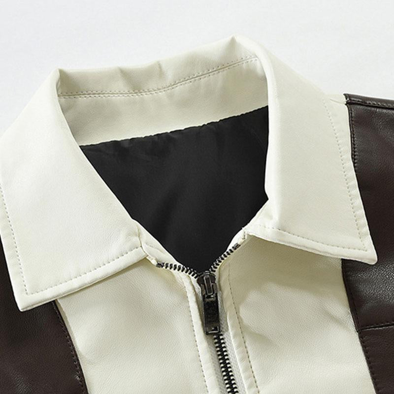 Mens Stylish Colorblock Patchwork Lapel Leather Motorcycle Jacket 77166987M
