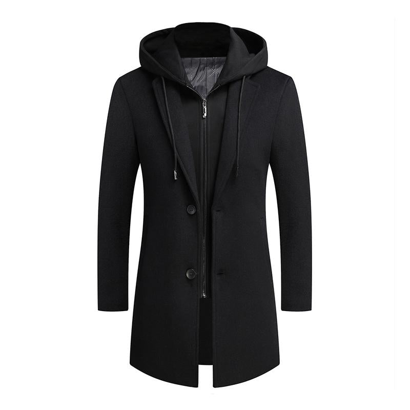 Mens Vintage Wool Blended Mid-Length Removable Hood Single-Breasted Coat 43596933M