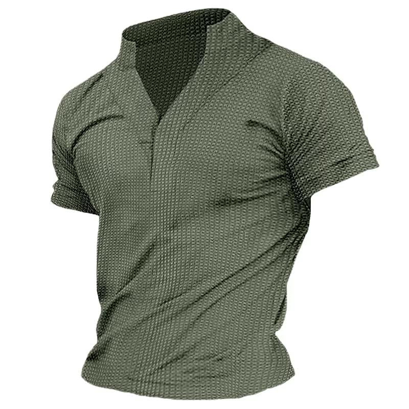 Mens Casual Solid Color Waffle V-Neck Short Sleeve T-Shirt 56903657Y