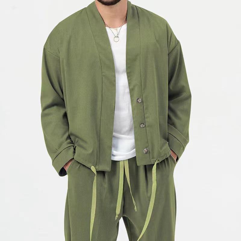 Mens Solid Loose Collarless Cardigan Trousers Casual Set 26852204Z