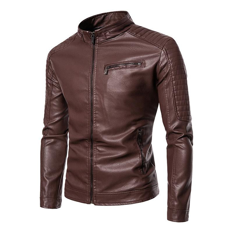 Mens Vintage Stand Collar Patchwork Slim Zipper Leather Motorcycle Jacket 50837459M