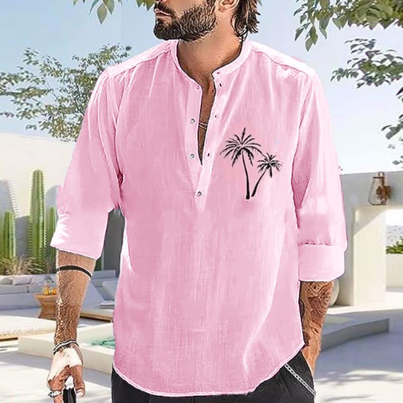 Mens Casual Coconut Print Stand Collar Cotton Linen Long Sleeve Shirt 56820050Y