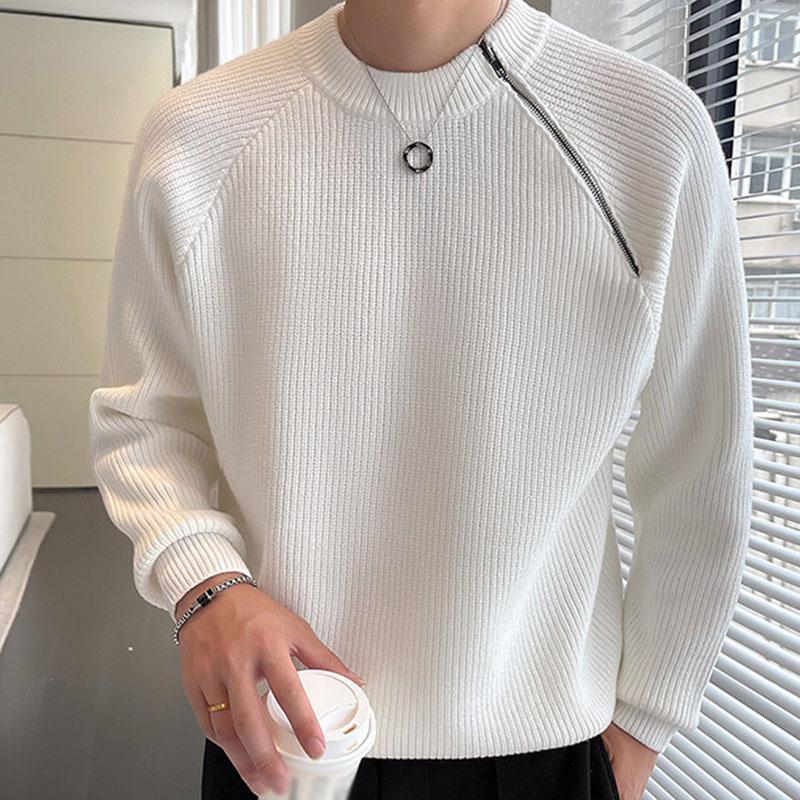 Mens Casual Solid Color Zippered Round Neck Loose Pullover Sweater 53088662M