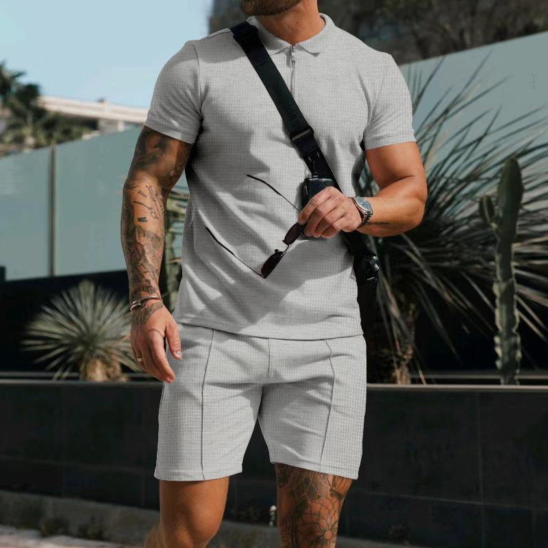 Mens Casual Waffle Solid Color Lapel Short Sleeve T-Shirt Shorts Set 42483174Y