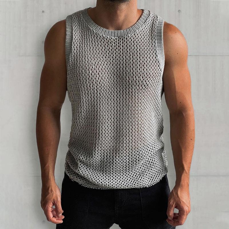 Mens Solid Color Round Neck Sleeveless Hollow Knit Vest 38942658X
