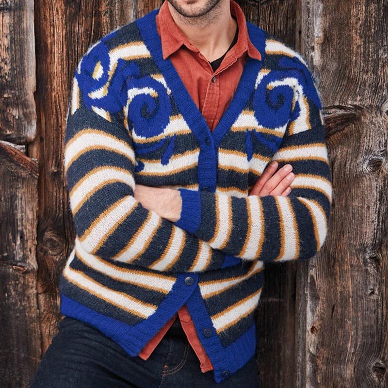 Mens Casual V-Neck Striped Single-Breasted Loose Knitted Cardigan 69993640M