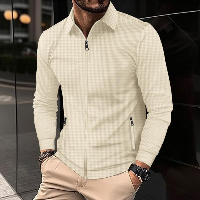 Mens Solid Waffle Lapel Long Sleeve Zipper Jacket 75285977Z