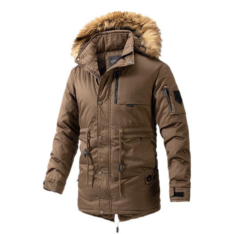 Mens Casual Outdoor Fleece Warm Hooded Fur Collar Mid-Length Parka Coat 52916289M