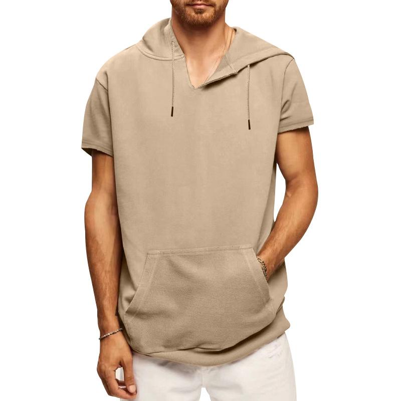 Mens Sports Casual Solid Color Hooded Short Sleeve T-Shirt 67117585Y