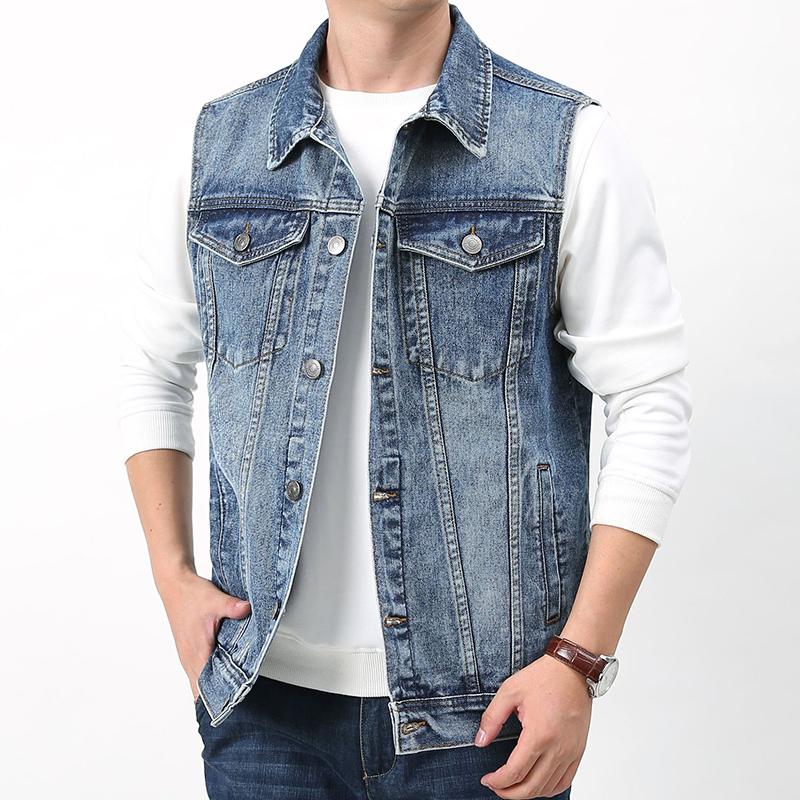 Mens Vintage Wash Lapel Single Breasted Multi Pocket Denim Vest 50562057M