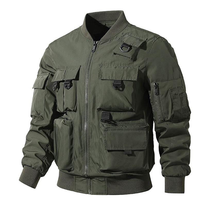 Mens Casual Thin Baseball Collar Multi-pocket Loose Bomber Jacket 93252478M