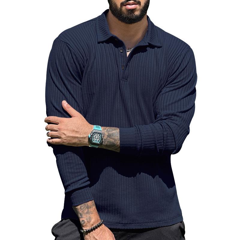 Mens Casual Lapel Solid Color Long Sleeve Polo Shirt 69584762M