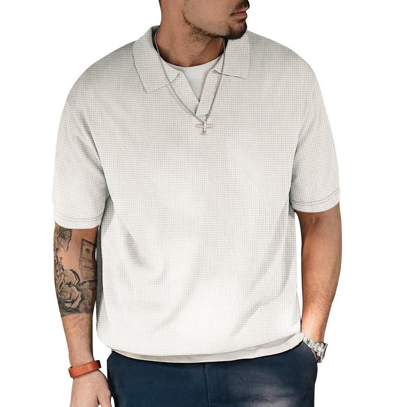 Mens Solid Lapel Waffle Short Sleeve Loose Casual Polo Shirt 94313755Z