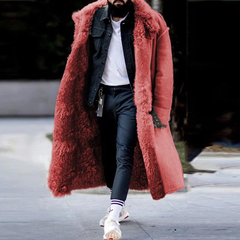 Mens Casual Faux Fur Warm Lapel Thickened Long Coat 43296502M