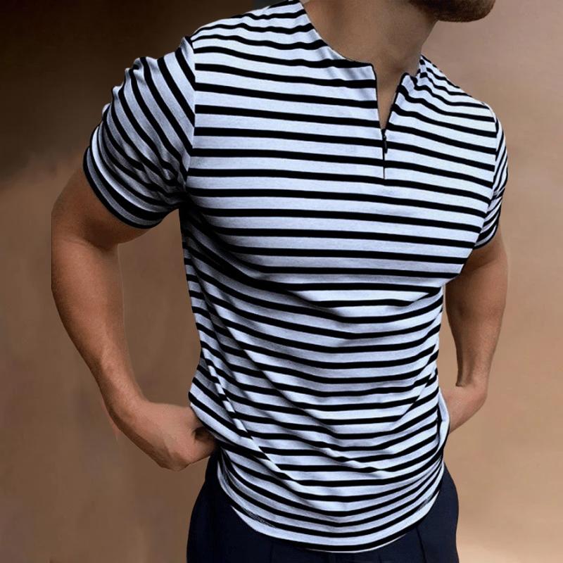 Mens Casual Striped Round Neck Zipper Short Sleeve T-Shirt 24822337Y
