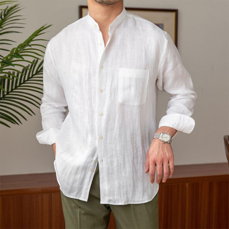 Mens Casual Solid Color Linen Stand Collar Long Sleeve Shirt 05228420Y