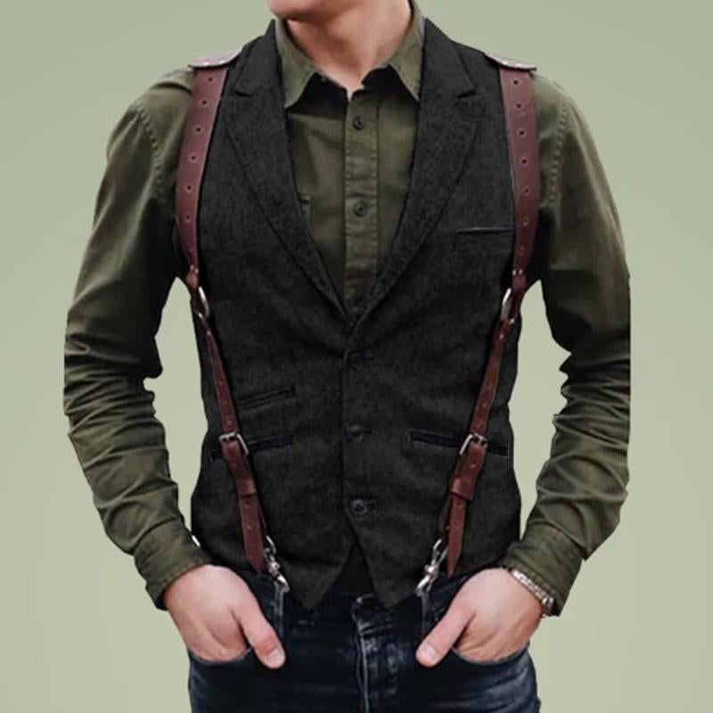 Mens Vintage Lapel Single-Breasted Multi-pocket Herringbone Vest 59356841M