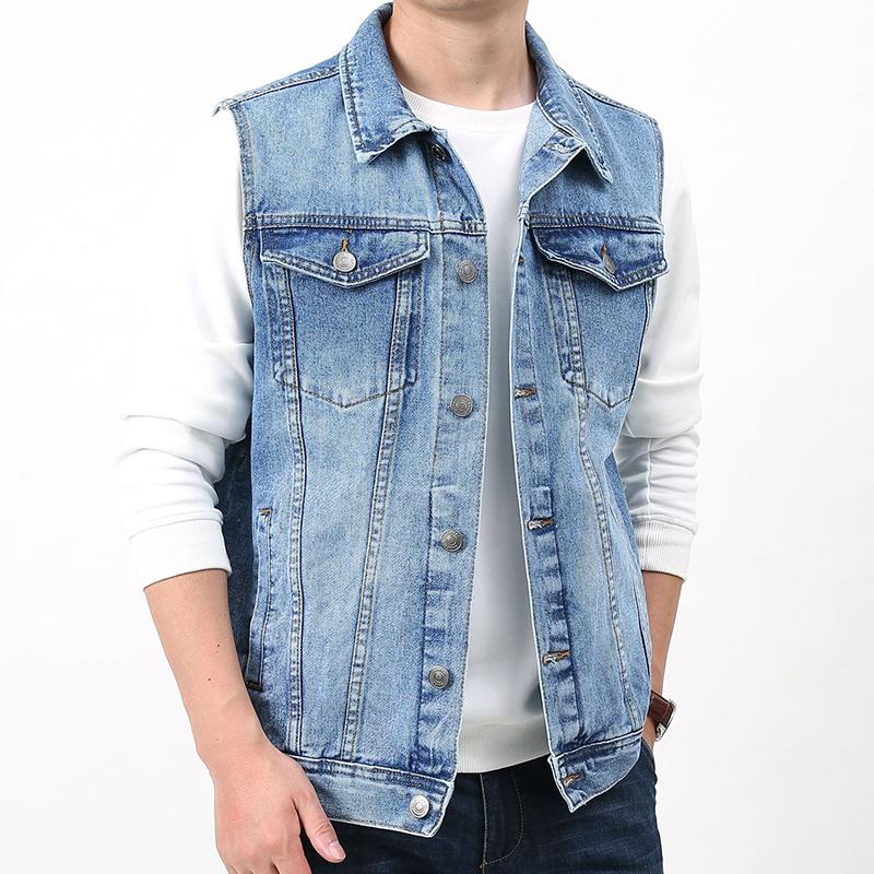 Mens Vintage Wash Lapel Single Breasted Multi Pocket Denim Vest 50562057M